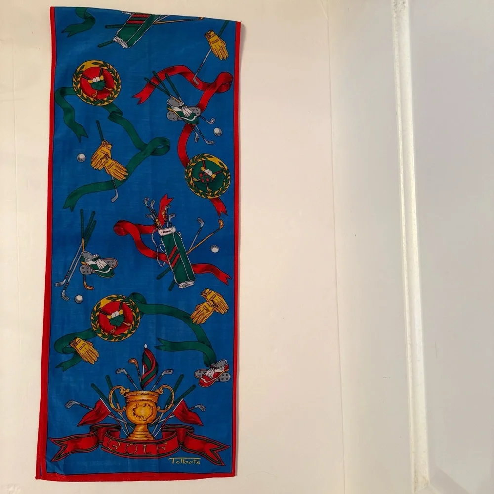 TALBOTS SCARF GOLF THEME BLUE RED GOLD MULTI COLOR RECTANGLE COTTON SILK BLEND